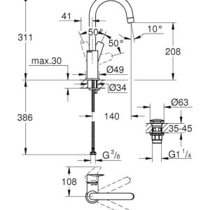 Grohe Bauedge Αναμεικτική Μπαταρία Νιπτήρα Ψηλή Chrome